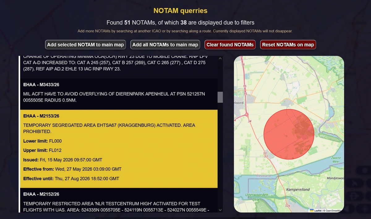 NOTAM list filtered for a route